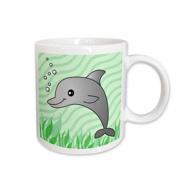 3drose, Cute Grey Dolphin Green Ocean, 11oz Mug