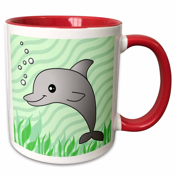 3drose, Cute Grey Dolphin Green Ocean, 15oz Two-tone Red Mug