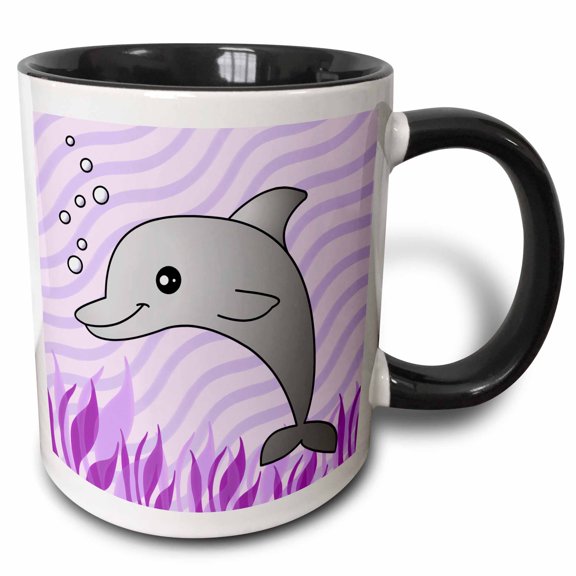 3drose, Cute Grey Dolphin Purple Ocean, 11oz Two-tone Black Mug