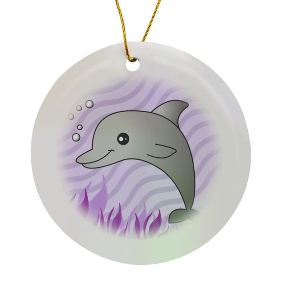 3drose, Cute Grey Dolphin Purple Ocean, Circle Porcelain Ornament