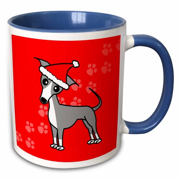 3drose, Cute Grey Italian Greyhound Red with Santa Hat, 15oz Two-tone Blue Mug