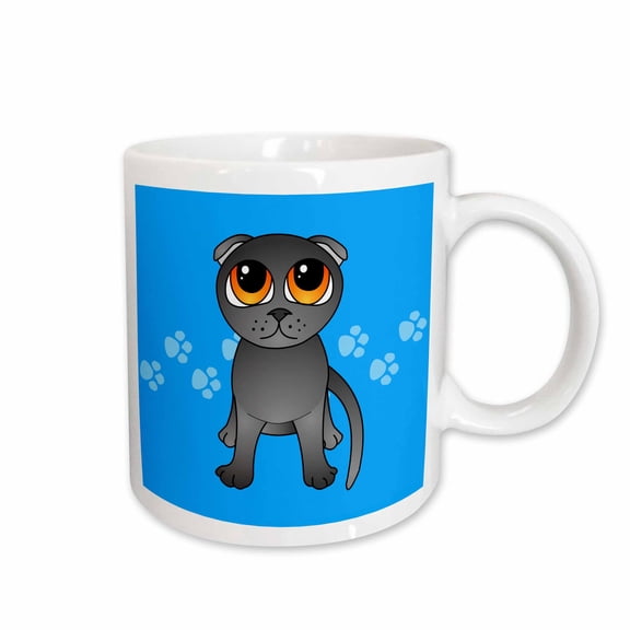 3drose, Cute Grey Scottish Fold Cat Cartoon - Orange Eyes - Blue Pawprints, 15oz Mug