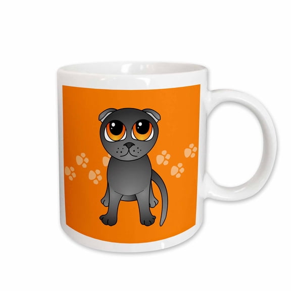 3drose, Cute Grey Scottish Fold Cat Cartoon - Orange Eyes - Orange Pawprints, 15oz Mug