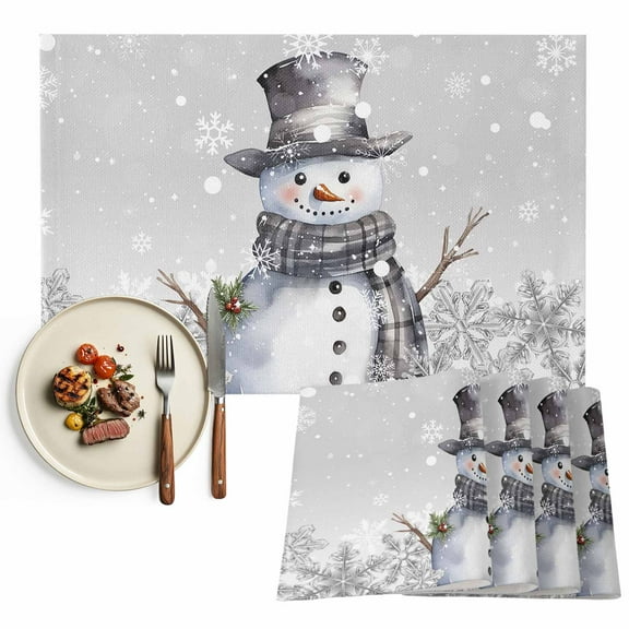 Cute Grey Snowman Placemat of 1 PC, Christmas Winter Snowflake Table Mats Washable Heat-Insulation Non-Slip Place Mats for Kitchen Dinner Table Indoor Outdoor Decor,13x19 Inch