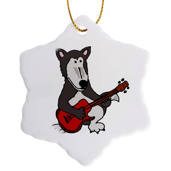 3drose, Cute Grey Wolf Playing Red Guitar, 3 inch Snowflake Porcelain Ornament