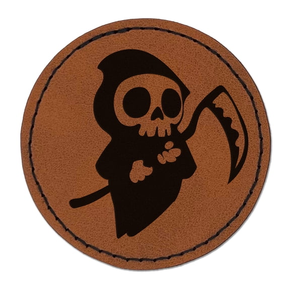 Cute Grim Reaper Death Halloween 2.5" Faux Leather Round Engraved Iron-On Patch - Brown