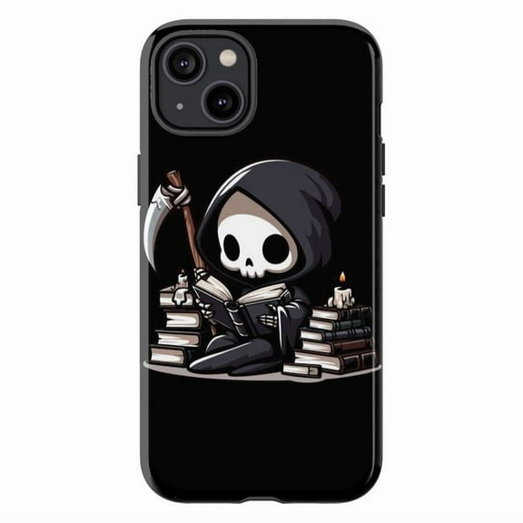 Cute Grim Reaper Phone Case for iPhone 16 15 14 13 12 11 Pro Max, Halloween Phone Cover with Gothic Skeleton, Spooky Book Lover Design