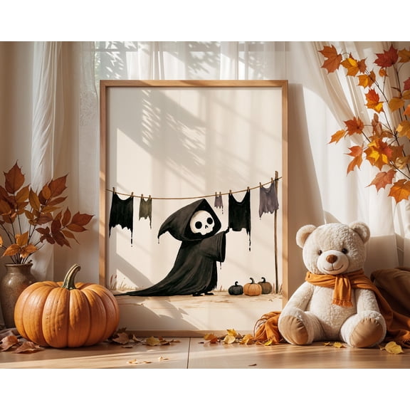 Cute Grim Reaper Wall Art Print Halloween Laundry Poster Whimsical Spooky Decor Naive Gouache Halloween Art