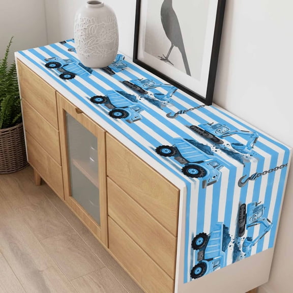 Cute Ground Truck Excavator Table Runner 70 Inches Long,Kitchen Dining Tablerunners Blue White Striped Linen Table Runners Dresser Scarves for Home Dinner Wedding Holiday Party Decor