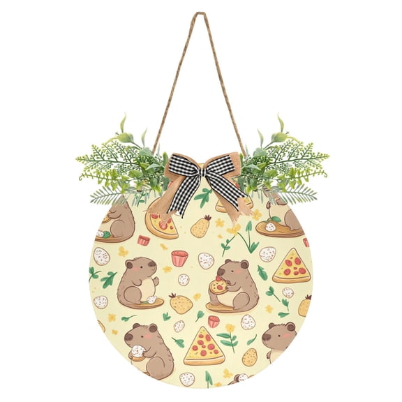 Cute Groundhog Eating Pizza Front Door Porch Decoration Hanging Sign with Artificial Green Plants and Bow for Home Outdoor Indoor