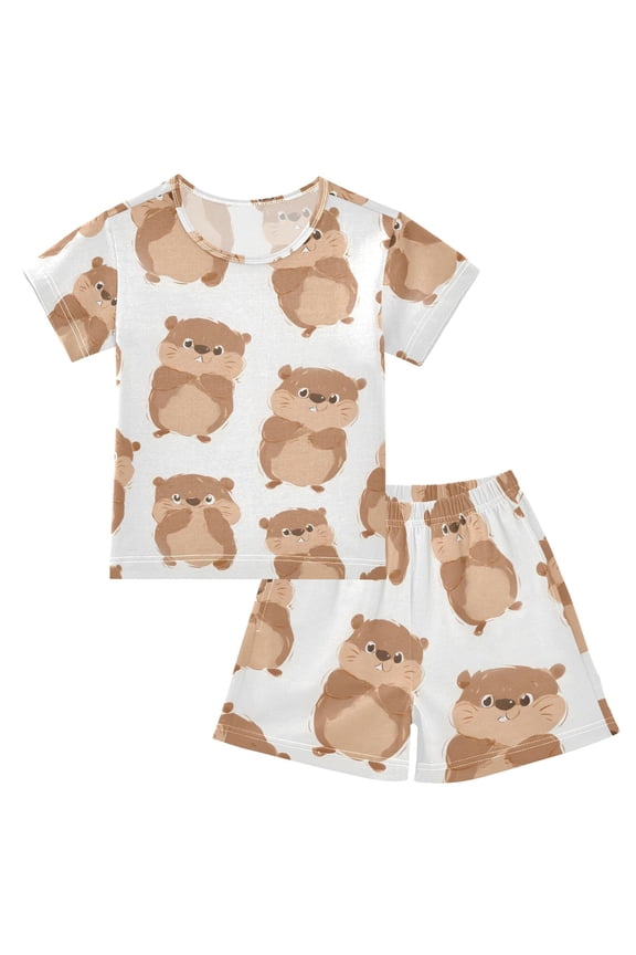 Cute Groundhog Pattern Summer Pajama Set Soft Cotton Short Sleeve Sleepwear 2PCS Pajama Sets Breathable Lounge Set Size 12Y
