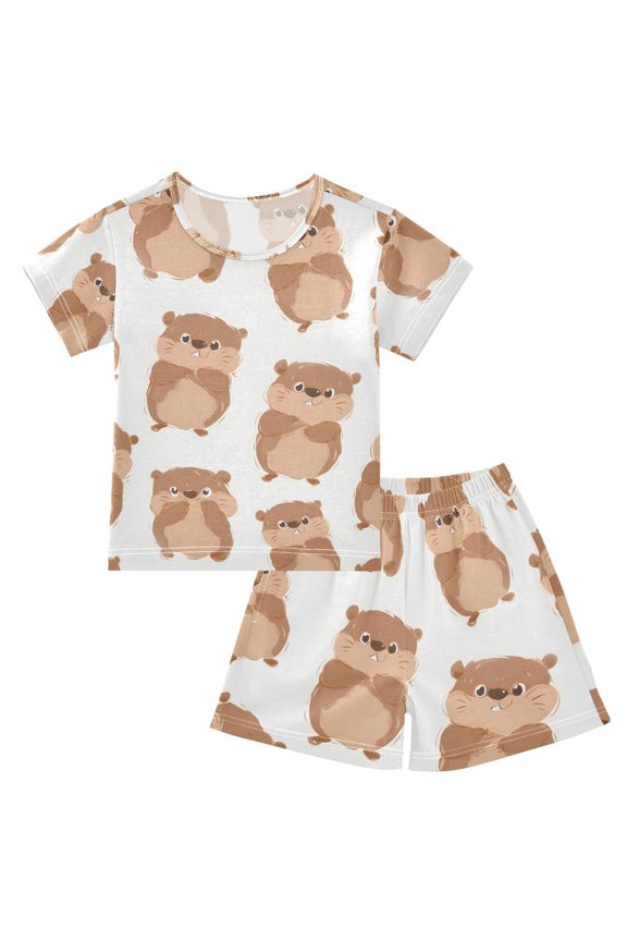 Cute Groundhog Pattern Summer Pajama Set Soft Cotton Short Sleeve Sleepwear 2PCS Pajama Sets Breathable Lounge Set Size 5Y