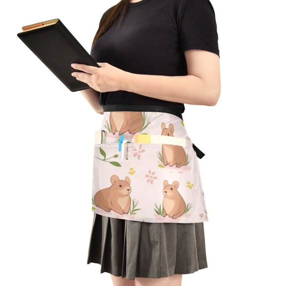 Cute Groundhog on Pink Server Apron with 3 Pockets Waist Apron for Waiter Waitress