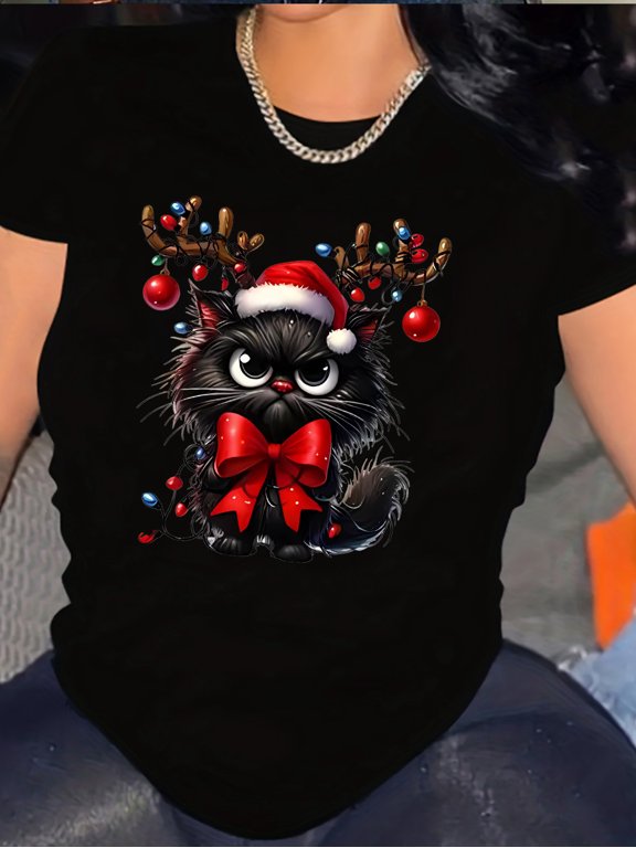 Cute Grumpy Black Cat Christmas T-Shirt for Women, Funny Santa Hat Reindeer Antlers Cat Tee