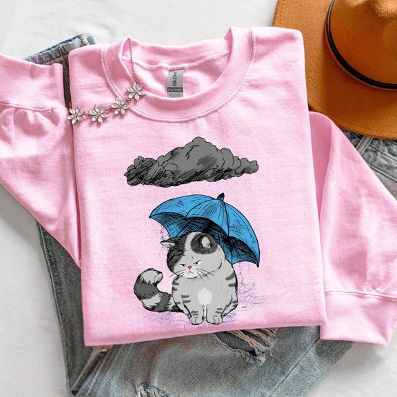 Cute Grumpy Cat TShirt Rainy Day Umbrella Cat Graphic TShirt Funny Cat Lover Cozy Crewneck