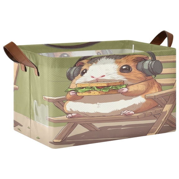 Cute Guinea Pig Eating A Sandwich Storage Basket Soccer Plaid Fabric Hoard Box Oversized Collapsible Closet Organizer with Metal Iron Frame 16.911.410in