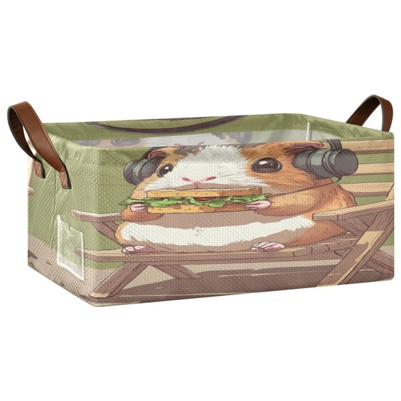 Cute Guinea Pig Eating A Sandwich Storage Basket Soccer Plaid Fabric Hoard Box Oversized Collapsible Closet Organizer with Metal Iron Frame 16.911.47.7in