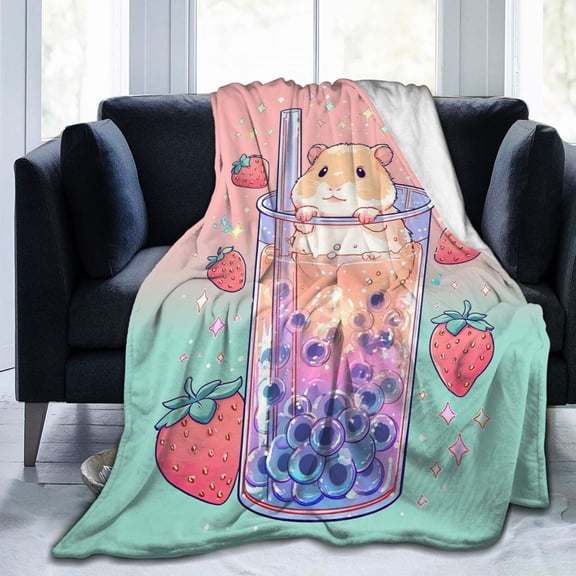 Cute Guinea Pig Strawberry Bubble Tea Blanket, Cozy Pink Aesthetic Throw Blanket, Soft Plush Decorative Blanket for Sofa, Travel& Home Use 50x40