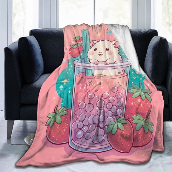Cute Guinea Pig Strawberry Bubble Tea Blanket, Cozy Pink Aesthetic Throw Blanket, Soft Plush Decorative Blanket for Sofa, Travel& Home Use 50x40