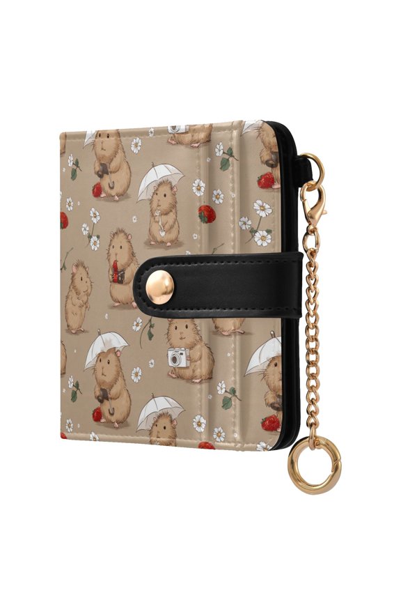 Cute Guinea Pig with A Strawberry Small Wallet for Women RFID Blocking Bifold PU Leather Credit Card Holder with Zipper Coin Pocket Compact Cute Travel Purse Magnetic Snap 7 Card Slots