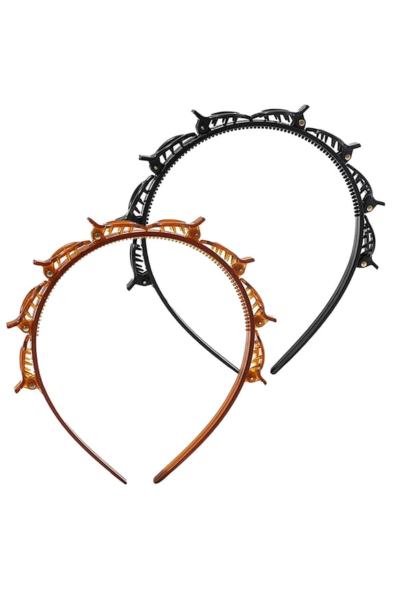Cute Hair Clip Decor Hairband, 2 Pack Clip Headbands for Women, Double Layer Toothed Hairband with Clips Attached, Multi-Functional Hairband for Braided Styling, Black & Brown