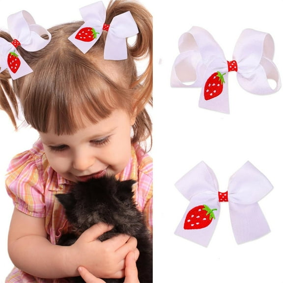 Cute Hair Clip with Strawberry Bow,4 Inch Embroidered Barrettes, Grosgrain Hairgrips,White and Red Bows Hair Accessories,for Kids Toddler Girls Women (2 Pcs)