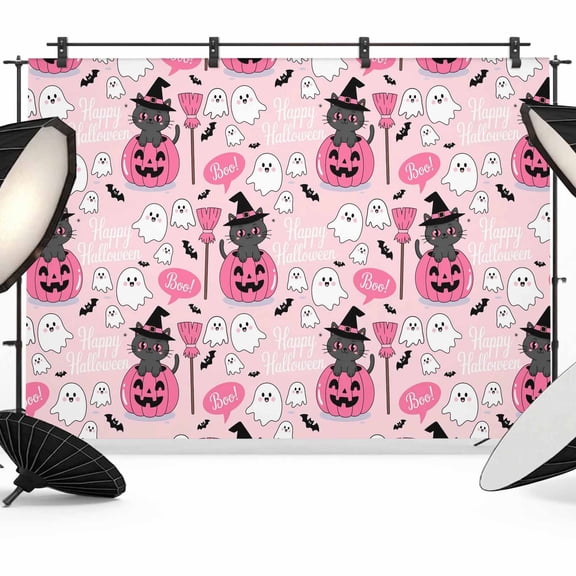 Cute Halloween Backdrop for Photoshoot,Photography Photo Studio Background Wall Backdrop,Spooky Pumpkins Fall Bat Cat Witch's Hat Back Drop Banner Panel for Portraits Wedding Live Streaming 8x6Ft