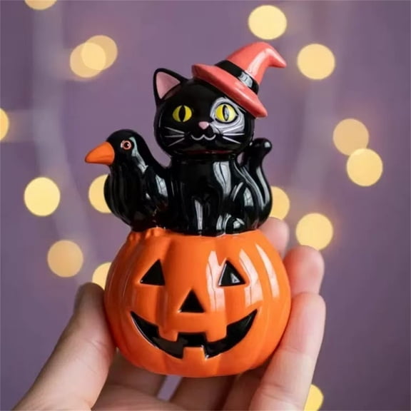 Cute Halloween Black Cat Pumpkin Ceramic Decor Witch Hat Cat Figurine with Crow for Fall Home Party and Holiday Tabletop Display