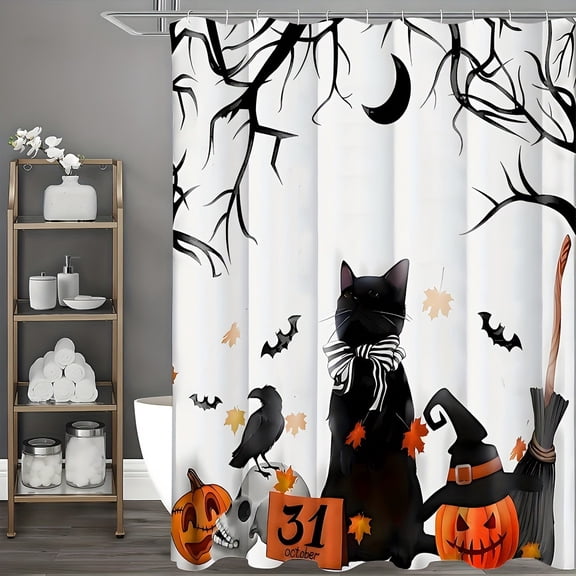 Cute Halloween Black Cat Shower Curtain Pumpkin Fabric Bathroom Shower Curtain Festive Bath Decor 72*72