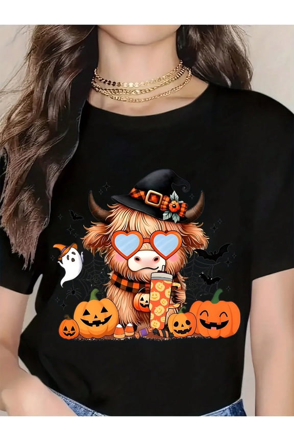 Cute Halloween Bull With Pumpkin And Ghost Design T-Shirt For Women, Funny Spooky Cow Graphic Tee, Autumn Festival Costume Top, Oct 31st Party Wear, Seasonal Holiday Gift Shirt