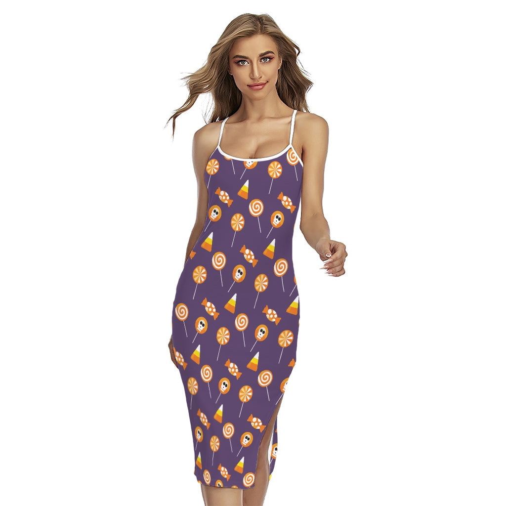 NOBRAND Cute Halloween Candy Pattern Printed Cross Back Cami Dress, Halloween Decorative Fashion Summer Maxi Sexy Casual Dress For Women, Women's,
