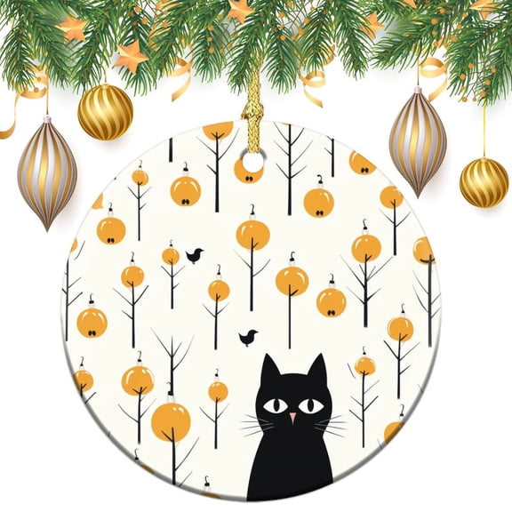 Cute Halloween Cat Christmas Ornament Fall Autumn Halloween Customized Round Ceramic Ornament Christmas Xmas Tree Ornament Decoration Hanging Pendant Decor Housewarming Gift