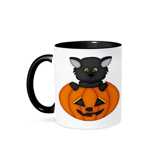 3dRose, Cute Halloween Cat In A Pumpkin Illustration, 11oz Two-Tone Black Mug