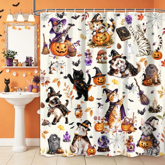Cute Halloween Cat Shower Curtain, Watercolor Witch Cat Pumpkin Bathroom Decor, Spooky Fall Kitten Ghost Bat Bath Curtain, Waterproof Washable Fabric with Hooks,60X70in