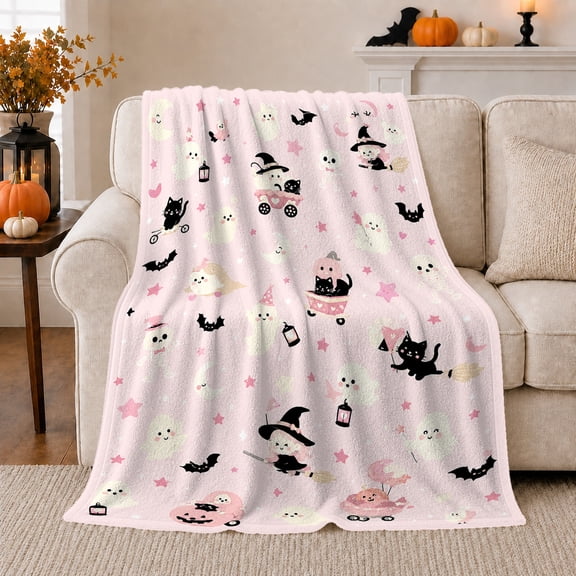 Cute Halloween Cats Ghosts Pink, Playful Festive Scene, Warm Flannel Blanket for Living Room and Bedroom with Detailed Artwork, Cat Lovers Halloween Gift, Festive Home Decor