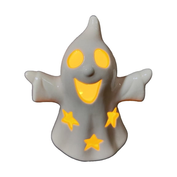 Cute Halloween Ceramic Ghost Figurine with LED Glow & Stars, Spooky Tabletop Decor for Home Office Desk Shelf Mantel, Festive Holiday Ornament