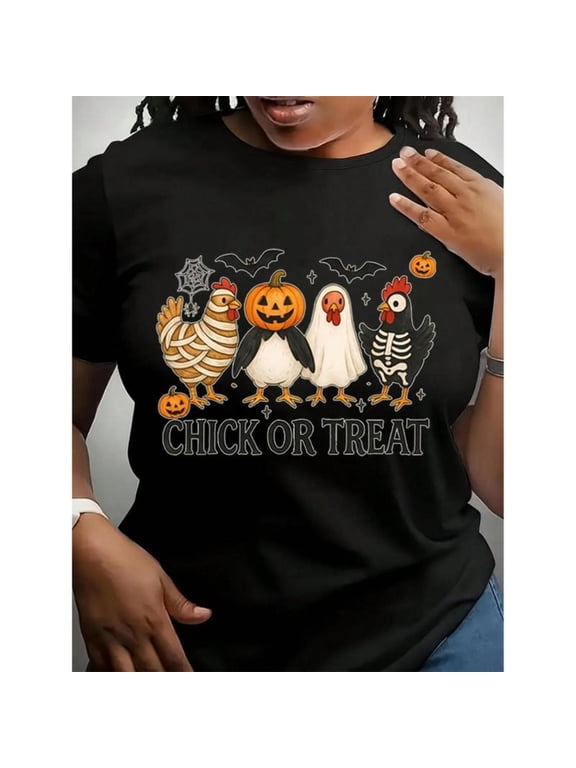 Cute Halloween Chicken - Themed Patterned Tee,Tops Boasts "CHICK OR TREAT" Text and Halloween Costumes Illustration, Round Neck Regular Fit T - shirts, Size(S - 5XL)
