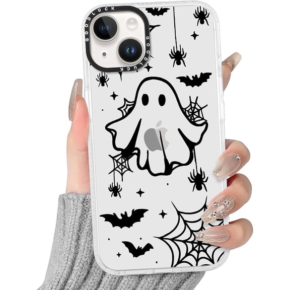 Cute Halloween Clear Phone Case for iPhone 14 / iPhone 13 Case 6.1", Aesthetic Cool Ghost Spider Web Pattern Design Girls Women White Cover Shockproof Soft Slim TPU Bumper Protection Funda