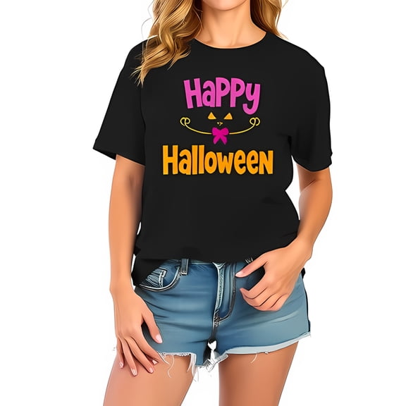 Cute Halloween Cotton Short Sleeve T-Shirt - " Happy Halloween " o' Pink Bow Design