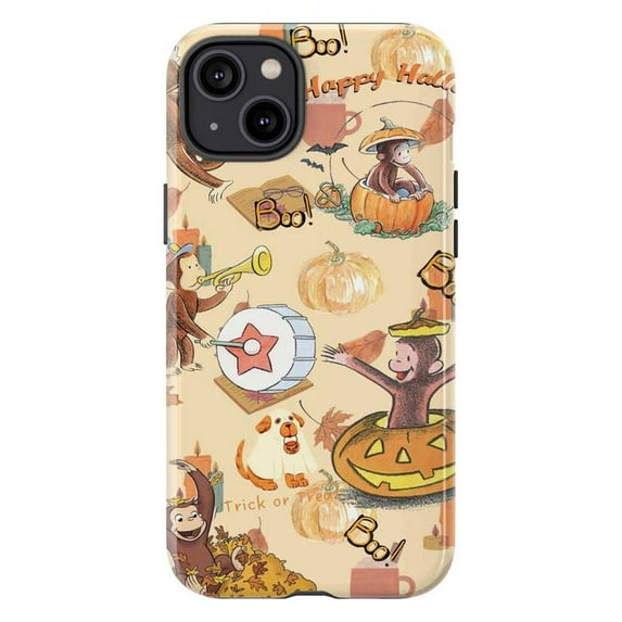 Cute Halloween Curious Monkey Pumpkin Phone Case, Fall Trick or Treat Cartoon iPhone Cover, Fun Autumn Festival Protective Case for iPhone 16 15 14 13 12 11 Pro Max Plus Mini