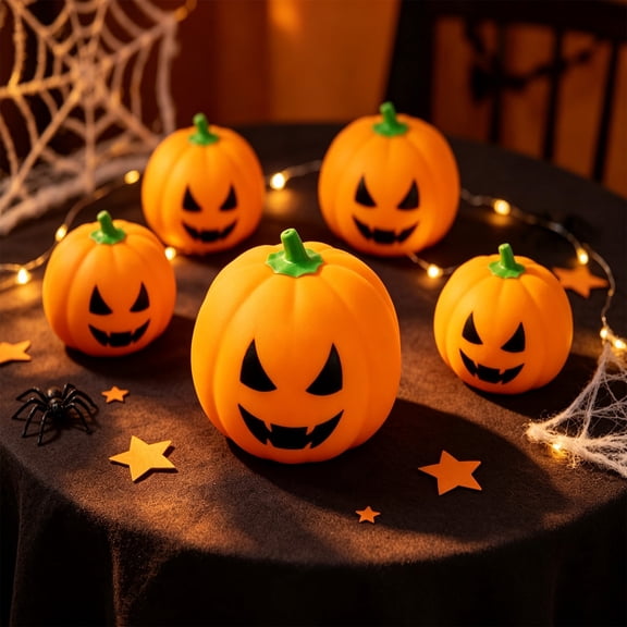 Cute Halloween Decor Pumpkin Stress Ball Squishies Toy, Slow-Rising Flour-Filled Dumpling Shape with Green Stems Spooky Face for Desk Display Party Favor