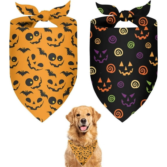 Cute Halloween Dog Bandanas 2 Pack, Pumpkin Cartoon Ghost Skeleton Spider Dog Scarf, Handkerchief Scarves Gifts for Puppy Large Dogs