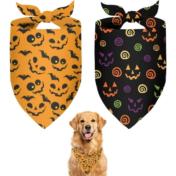 Cute Halloween Dog Bandanas 2 Pack, Pumpkin Cartoon Ghost Skeleton Spider Dog Scarf, Handkerchief Scarves Gifts for Puppy Large Dogs