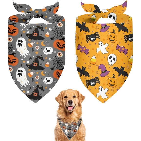 Cute Halloween Dog Bandanas 2 Pack, Pumpkin Cartoon Ghost Skeleton Spider Dog Scarf, Handkerchief Scarves Gifts for Puppy Large Dogs