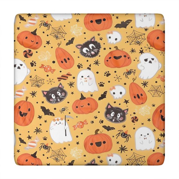Cute Halloween Elements Pattern Square Fitted Tablecloth with Elastic Edge,Square Table Cover,Washable Elastic Table Cover for Home Kitchen Party Decor 34"x34"