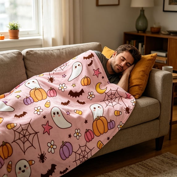 Cute Halloween Flannel Fleece Blanket – Pink Soft Throw with Ghosts, Pumpkins & Bats Print, Cozy Lightweight Bedding for Couch, Sofa & Autumn Decor