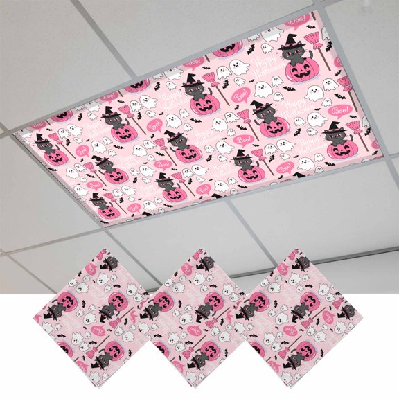 Cute Halloween Fluorescent Light Covers, Spooky Pumpkins Fall Bat Cat Witch's Hat Magnetic Light Covers for Ceiling Lights, Fluorescent Ceiling Shade Filters for Classroom Bedroom Office 4x2Ft x 3PCS