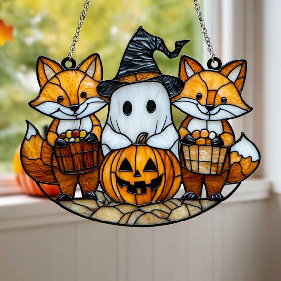 Cute Halloween Fox and Ghost Suncatcher  Trick-or-Treat Pumpkin Window Decor with Candy Buckets and Witch Hat for Cozy Autumn Home Style