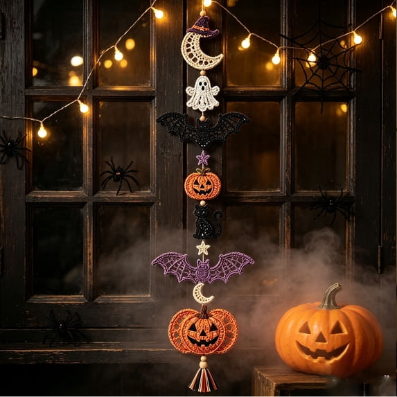 Cute Halloween Garden Cascade DIY Crochet Hanging Decoration Kit, 3D Soft Boho Dreamcatcher DIY Set for Beginners Adults Friendly with Wooden Beads and Tassel Decor for Home Wall Window Room Gift