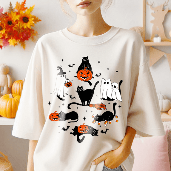 Cute Halloween Ghost Boo Cat T-Shirt, Halloween Pumpkin Cat Tee, Autumn Cat Shirt